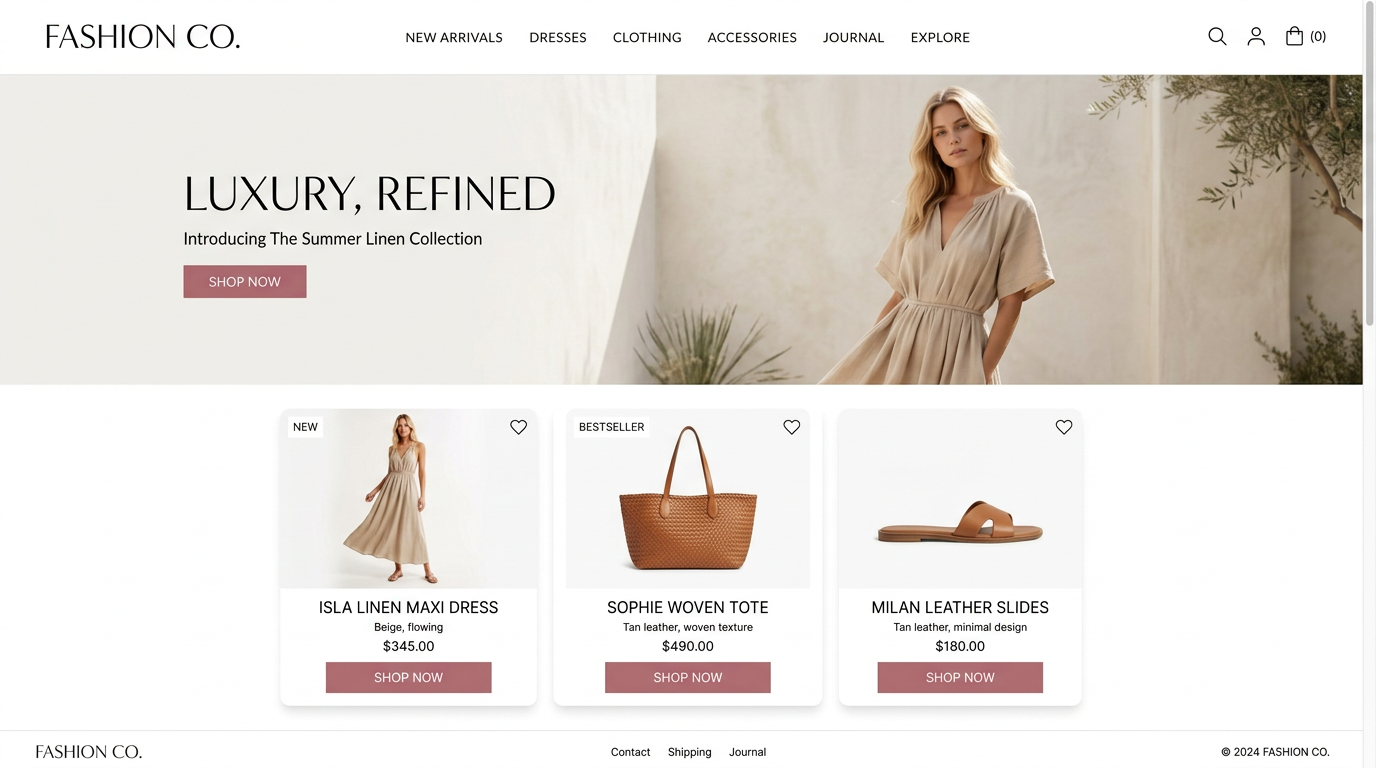 Fashion Co. luxury e-commerce storefront — desktop preview