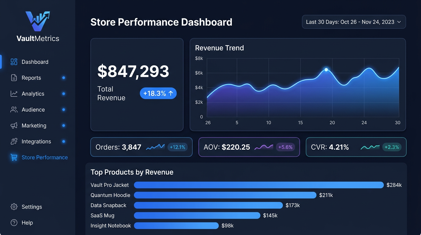 VaultMetrics analytics dashboard — desktop preview